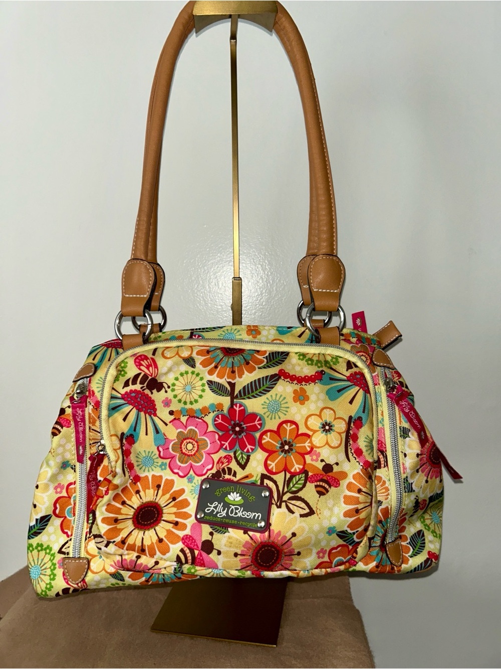 Lily Bloom Multicolor Floral Satchel with Tan Handles